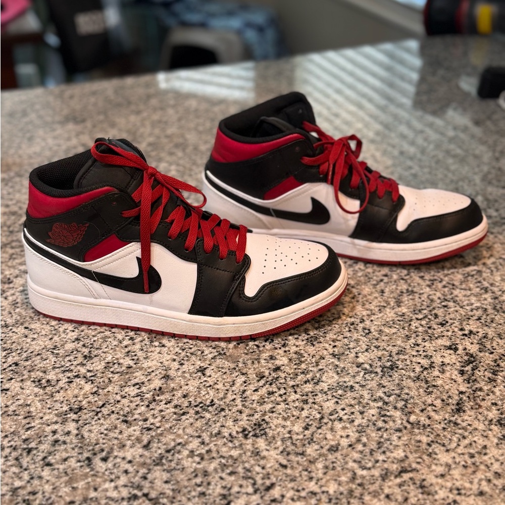 Nike Air Jordan 1 Mid Sneakers - Black, Red, and White